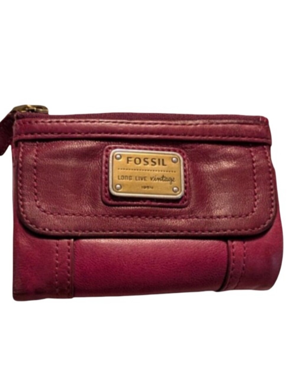 Fossil Women's Leather Wallet Wine Red Brass Patina Purse Clutch Compact Vintage